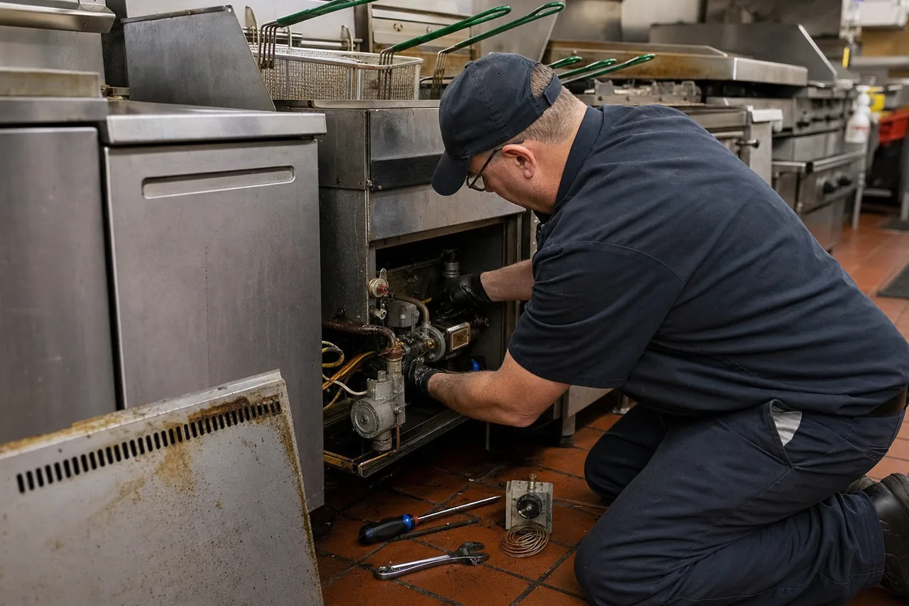 Technician servicing a commercial fryer and range line