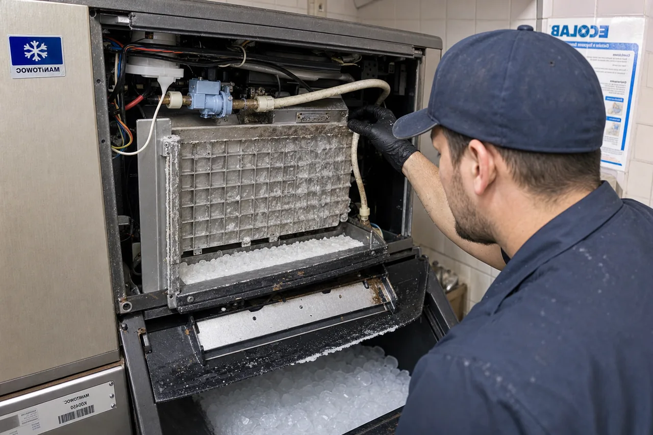 Technician servicing a commercial ice machine up close