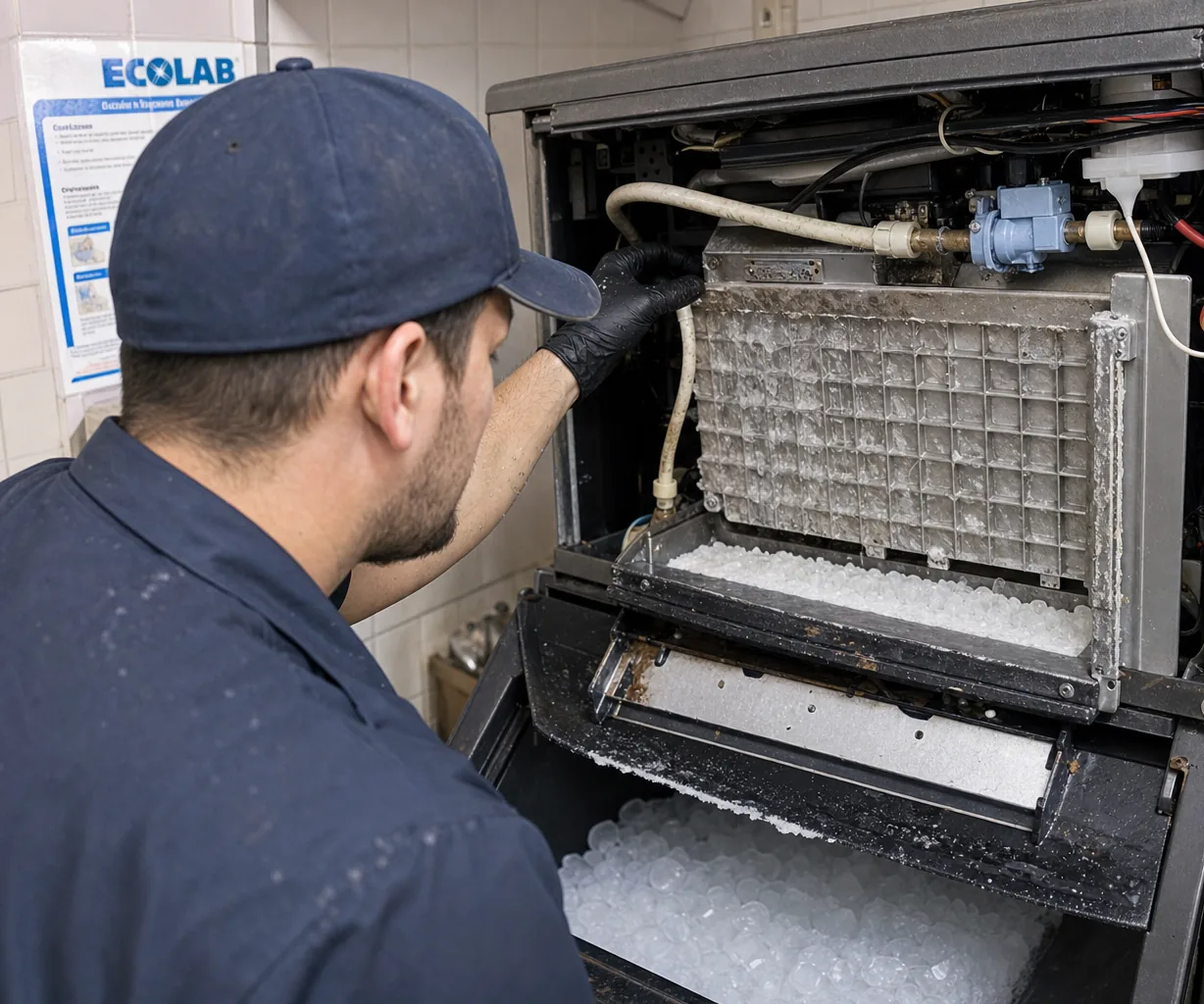 Technician servicing a commercial ice machine in a New Rochelle commercial kitchen