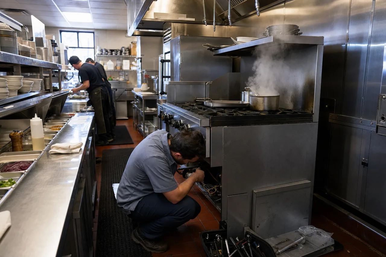 A stainless commercial kitchen line in a New Rochelle commercial kitchen