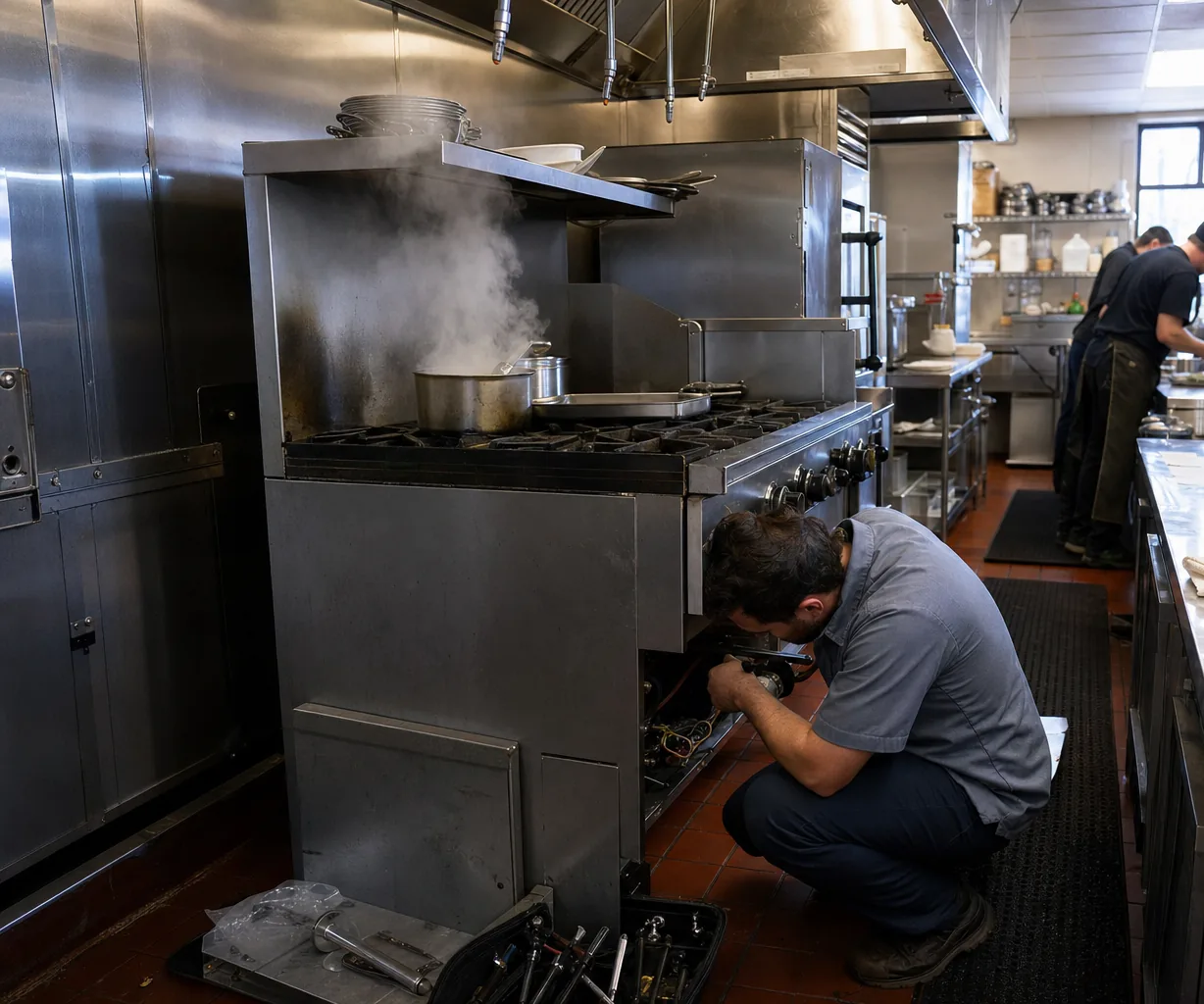 A stainless commercial kitchen line up close