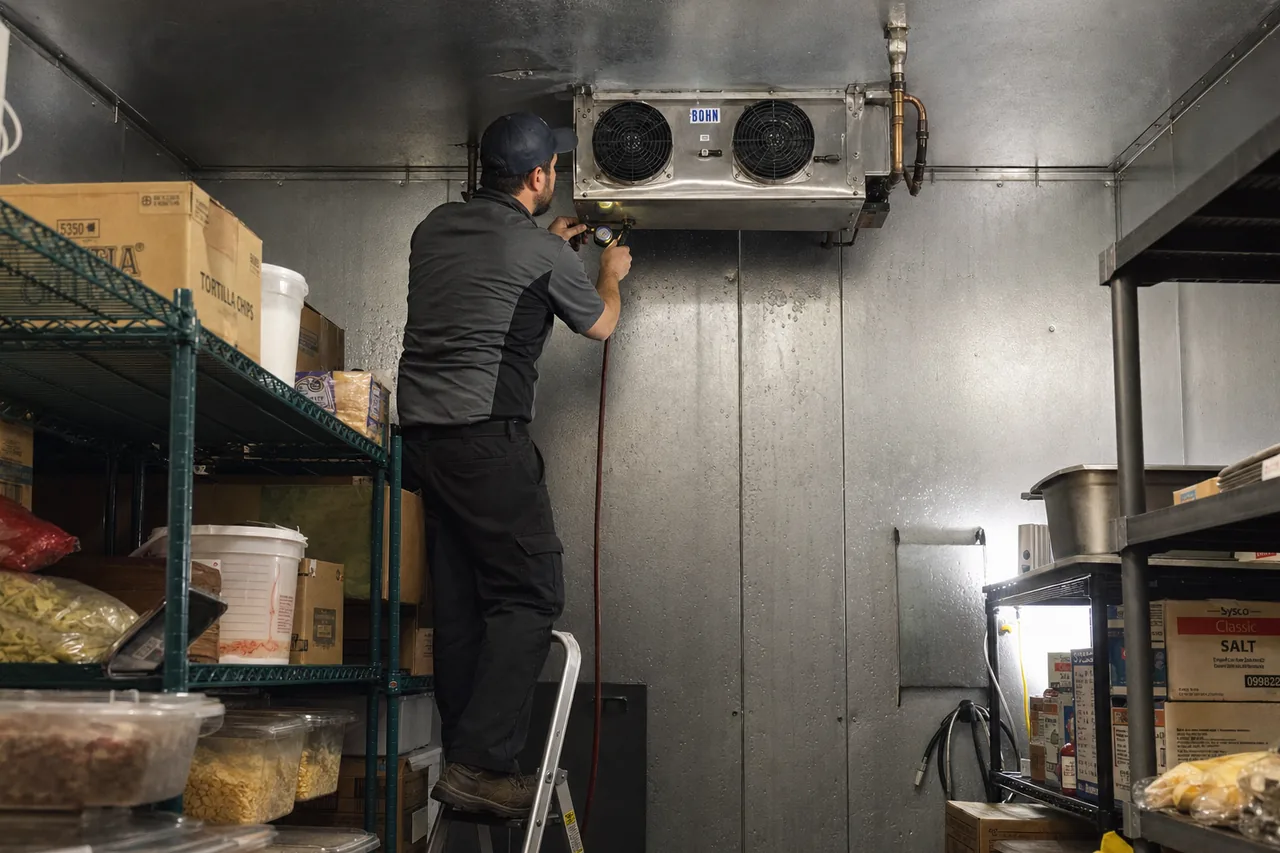Technician servicing a walk-in cooler