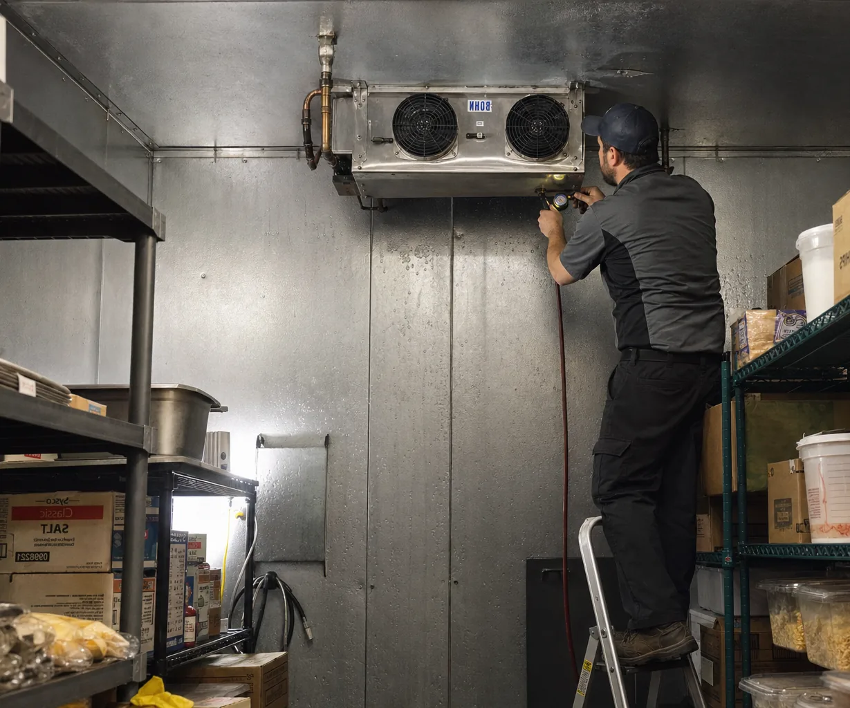 Technician servicing a walk-in cooler on a same-day service call